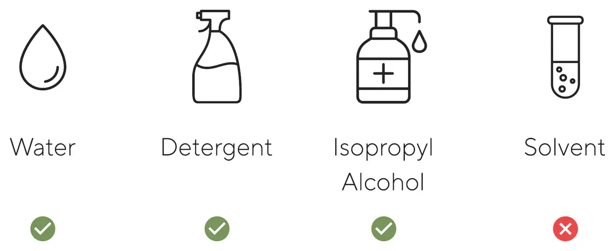 Water, detergent and isopropyl alcohol are fine, solvent is not