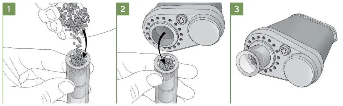 Three drawings: the tube pulled out and herb placed on its screen, the tube pushed back in while the unit is upside down, the loaded unit